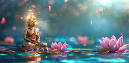 golden buddha sitting on lotus, glowing light effect background with pink flower and blue water waves 