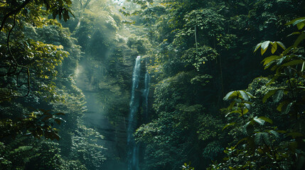 A secluded waterfall hidden within a dense tropical jungle accessible only by a narrow path. - obrazy, fototapety, plakaty