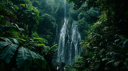 A secluded waterfall hidden within a dense tropical jungle accessible only by a narrow path. - obrazy, fototapety, plakaty
