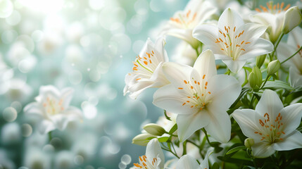 Bouquet of white lilies on a bokeh background