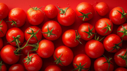 Fresh cherry tomatoes with water drops on red background. Top view.