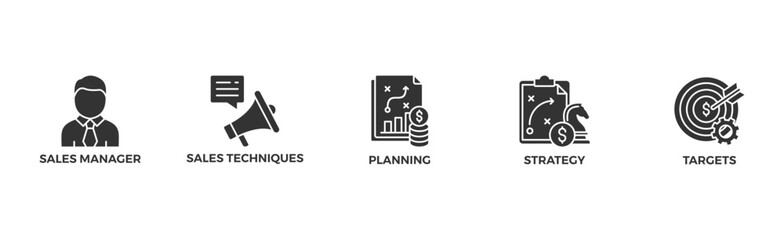 Sales management banner web icon vector illustration concept with icon of manager, sales techniques, planning, strategy, and targets