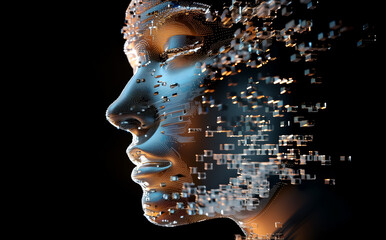 Abstract digital human head created using cubes on a black background, big data, machine learning or digital transformation concept - obrazy, fototapety, plakaty
