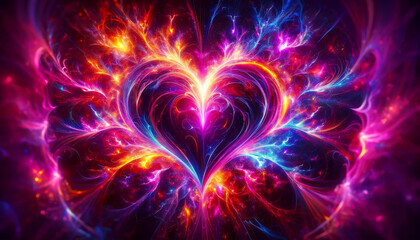 A mesmerizing abstract heart in neon pinks, electric blues, and radiant purples, glowing with dynamic fractal designs on dark background - Generative AI