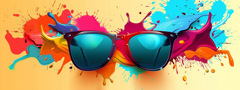 Abstract lifestyle banner design with sunglasses and colorful splashing shapes.