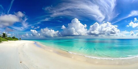 Beautiful beach with white sand, turquoise ocean and blue sky with clouds in sunny day. Panoramic...