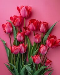 Fototapeta premium Vibrant red tulips arranged neatly over a pink backdrop portraying a fresh, lively feel perfect for springtime