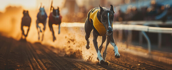 greyhounds racing on the track, one dog in front with a white chest and red collar - obrazy, fototapety, plakaty
