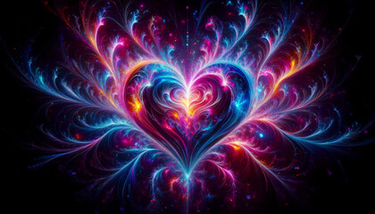 A mesmerizing abstract heart in neon pinks, electric blues, and radiant purples, glowing with dynamic fractal designs on dark background - Generative AI