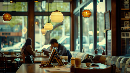 A serene coffee shop on a rainy day people sipping lattes absorbed in books. - obrazy, fototapety, plakaty