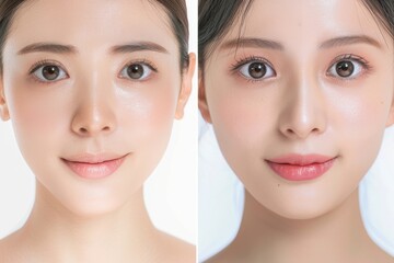 肌の綺麗な日本人モデルのビフォー・アフター美容広告風写真（美容整形・プチ整形・美肌）	
 - obrazy, fototapety, plakaty