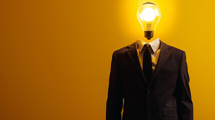Homem de terno com cabeça de lampada isolado no fundo amarelo - Conceito de ideia e pensamento  - obrazy, fototapety, plakaty