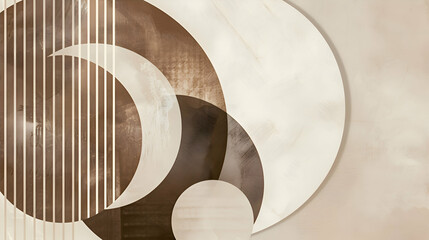 Minimalist composition of intersecting lines and circles in shades of taupe and cream