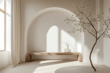 A serene interior with minimalist bench under archway adorned with cherry blossoms in soft light