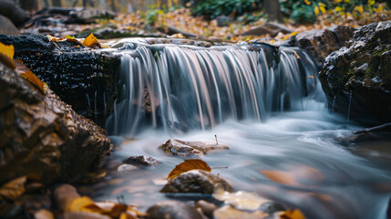 A serene small waterfall gently flowing over smooth rocks in a forest setting.