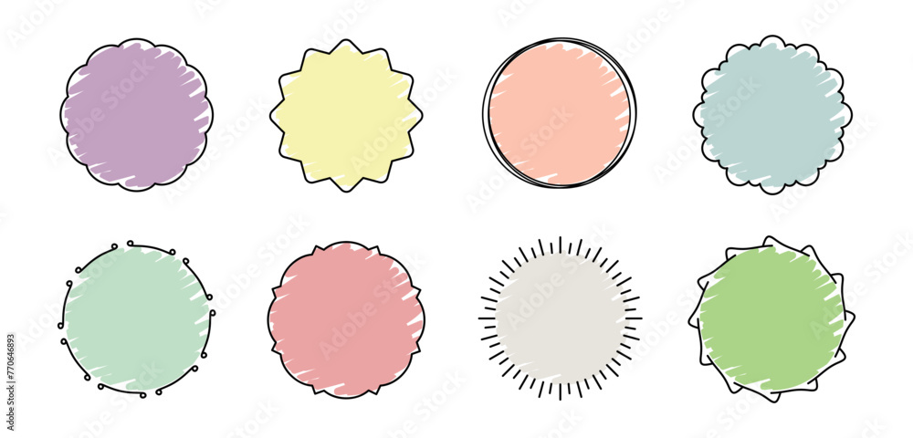 Poster simple hand drawn vector round frames. sketch of round borders painted in pastel colors isolated on 