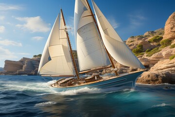 Fototapeta premium A white yacht gracefully sails across the glistening sea on a bright, cloudless day.