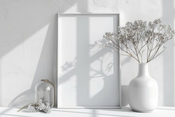 A minimalist composition featuring a vase with dried flowers casting a shadow in a pristine white interior