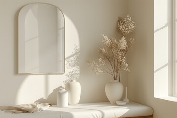 An airy minimalist interior bathed in soft light featuring neutral tones and simple, clean lines - obrazy, fototapety, plakaty