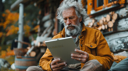 A bearded mature man with a digital tablet is thinking about something while sitting near his house in the forest. Copy space - Powered by Adobe