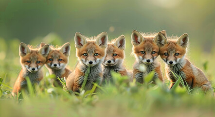 A group of fox cubs in the grass with their mother