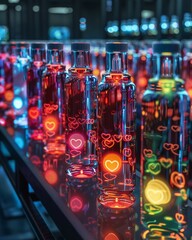 Create a mesmerizing image of emotion-capturing bottles in a captivating long shot Highlight the intricate details of the luminescent liquids changing colors based on emotions
