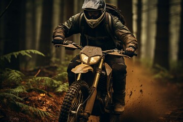 A bike racer sporting a helmet races through a lush forest, surrounded by towering trees and...
