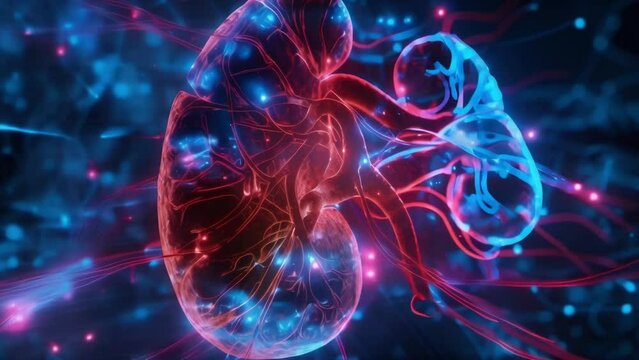 In contrast the next image displays a diseased kidney with severely damaged tissue. The tubes and vessels are visibly constricted and distorted hampering the ability to flush