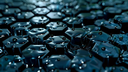 Raindrops slide down the surface of interlocking hexagons and pentagons, creating a dynamic and fluid motion within the honeycomb pattern