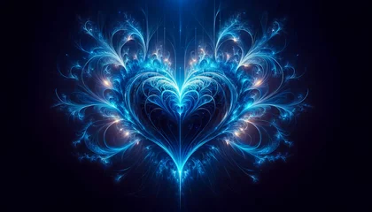 Fotobehang Abstract heart in shades of blue, illuminated by fractal patterns, embodies a futuristic romance - Generative AI © Jayster.z