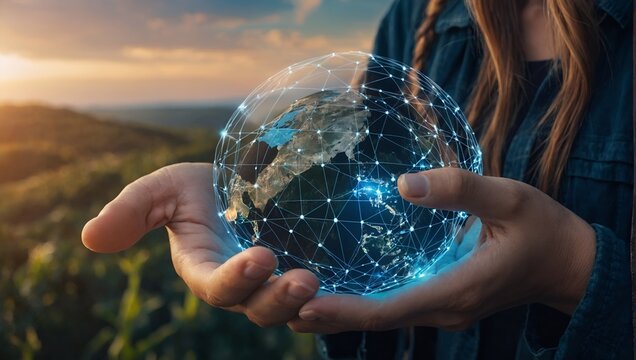 IoE(Internet of Everything) and Earth cryptocurrency concept.woman hands holding world of global network and data customer connection on nature background.Elements of this image furnished by NASA