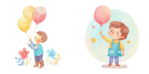 cute kid holding balloon watercolour vector illustration
