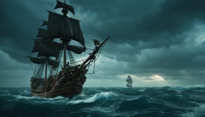 Ominous seascape with two galleon ships engaged in a nautical chase amidst a brewing storm, invoking the perilous adventures on high seas.