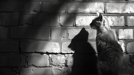 A cat against a brick wall illuminated by light, creating a contrasting silhouette of the animal on the wall - obrazy, fototapety, plakaty