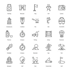 set of Outdoor Activity icons such as, Hiking, Camping, Backpacking, Fishing, Kayaking, Canoeing, Rafting, Climbing, Cycling, Mountain Biking, vector illustration - obrazy, fototapety, plakaty
