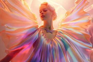 Surreal image of a woman clad in a flowing iridescent dress with wing-like folds, evoking a sense of freedom and ethereal beauty