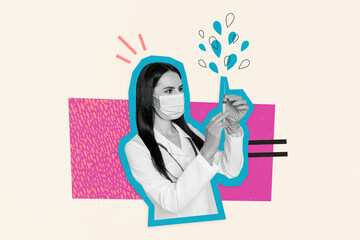 Collage picture of professional doctor female nurse holding syringe needle preparing vaccination isolated on painted background