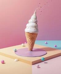 A dynamic image of a soft-serve ice cream with sprinkles flying off the top on a pastel stage