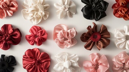 An enchanting tableau of hair accessories, with an abundance of luxurious silk scrunchies against a backdrop of pure white, exuding an air of elegance and sophistication.

