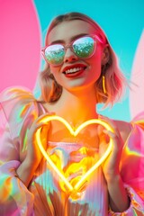 The image showcases a woman forming a heart symbol with vibrant neon lighting, symbolizing love and high-energy