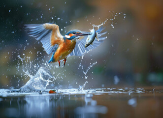 Fototapeta premium Beautiful kingfisher bird catching fish in the water, motion capture