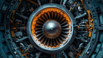 Showcase the mesmerizing details of a jet engines components in a dynamic and visually striking composition Transport viewers into the world of aviation with precision and creativity