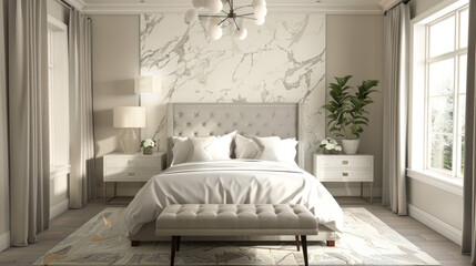 An elegant bedroom design with crisp white bedding, a studded headboard, and a striking marble wall for an upmarket look