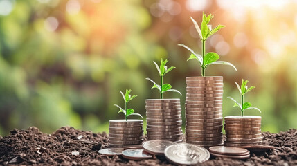 Financial Growth. Coins Sprouting Green Plants. Stacks of coins, symbolizing financial growth and eco-friendly investment