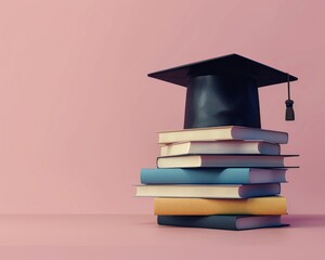A graduation cap signifies the completion of education, resting on a stack of hardbound books, amidst a pastel background