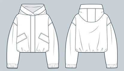 Hooded Jacket technical fashion Illustration. Unisex Nylon Jacket fashion flat technical drawing template, pocket, hood, oversize, front and back view, white, women, men, unisex CAD mockup. © Liubov Hladka