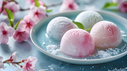 A refreshing of mochi flavors presented on a blue plate, complemented by the softness of cherry blossoms in the background.