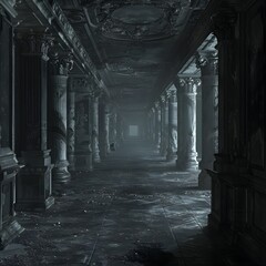 A grand, ancient hallway lies in quiet abandonment, its ornate columns and intricate ceilings enveloped in deep shadows and silence.