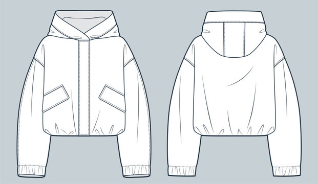 Hooded Jacket technical fashion Illustration. Unisex Nylon Jacket fashion flat technical drawing template, pocket, hood, oversize, front and back view, white, women, men, unisex CAD mockup.