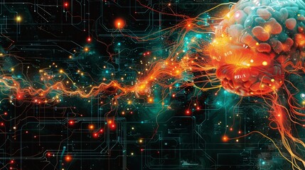 Intricate neural pathways blending seamlessly into AI circuitry, symbolizing synergy